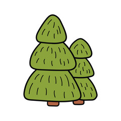 Hand drawn cartoon two fir trees or Christmas trees on white background.