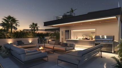 A contemporary  with a rooftop patio that includes a chic lounge area and a stainless steel barbecue, perfect for  entertaining under the stars.
