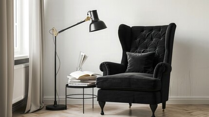 A cozy black reading chair with a high back and plush cushions, set in a peaceful corner with a white wall background, a floor lamp, and a stack of books on a small table.