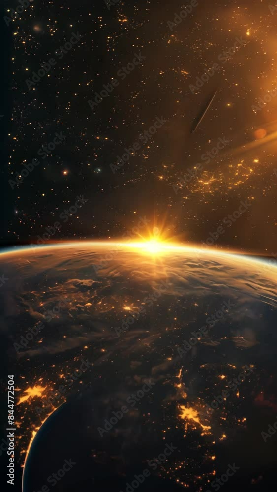 Poster sunrise over earth from space with illuminated city lights and stars. high-resolution digital artwor