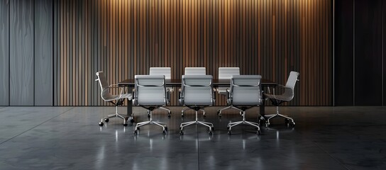 front view of an empty conference table with white office chairs in front, behind the table is a wall panel with wood panels on a dark grey background