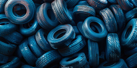 Large pile of new tires, top view showing different types and sizes of tires.