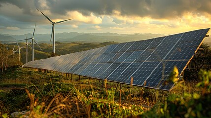 Solar Panels Capturing Sunlight with Wind Turbines Generative AI