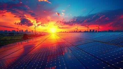 Wind Turbines Behind Solar Panels Generative AI