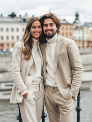 female and male in beige and white luxury clothing. smiling happy