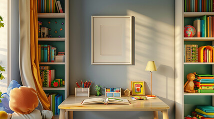 Children's study corner featuring a tidy desk, bookshelves, and an empty frame ready for a new picture.