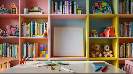 Children's study corner featuring a tidy desk, bookshelves, and an empty frame ready for a new picture.