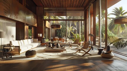 Fototapeta premium Luxurious tropical villa interior with a spacious and stylish living room design adorned with wooden furniture and large windows overlooking a serene environment.
