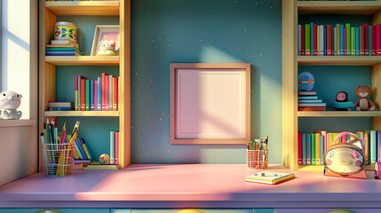 Children's study corner featuring a tidy desk, bookshelves, and an empty frame ready for a new picture.