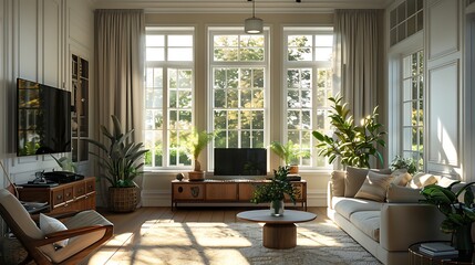 Fototapeta premium A cozy modern living room bathed in natural light from large windows overlooking a garden, furnished with stylish decor and lush indoor plants. 