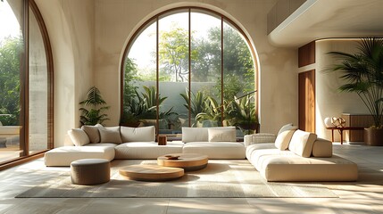 Modern living room with elegant furniture and large arching windows overlooking a lush garden, with sunlight softly illuminating the interior space. 