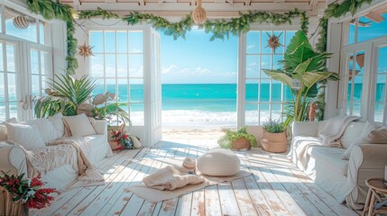 A beach house with a large open window and a view of the ocean © CreativeLoom