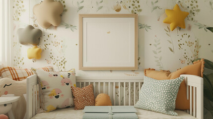 Cute nursery with a crib, decorative cushions, and a frame ready for a baby photo.