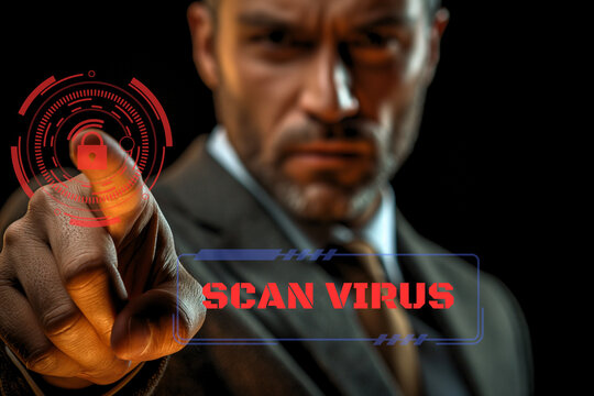 A businessman touches the security icon with his finger to scan the computer for viruses. Generative ai illustration.