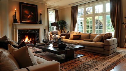 Fototapeta premium British living room. United-Kingdom. Elegant living room with a cozy fireplace and luxurious furnishings indicative of sophisticated interior design. 