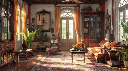 Fototapeta premium Burmese living room. Myanmar. A cozy and traditional living room interior with vintage furniture, sunlight filtering through French doors, and lush houseplants enhancing the warmth of the space. 