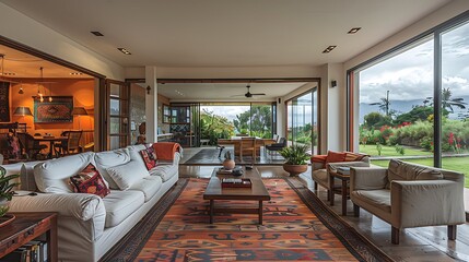 Obraz premium Ecuadorean living room. Ecuador. Luxurious interior living room design with panoramic view and elegant furnishings 