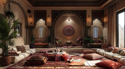 Iraqi living room. Iraq. Luxurious traditional Middle Eastern living room interior with ornate decor and comfortable furnishings. 