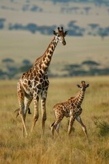 Obraz premium Giraffe Mother and Calf in grassland africa savannah. Giraffe family wallpaper in natural habitat