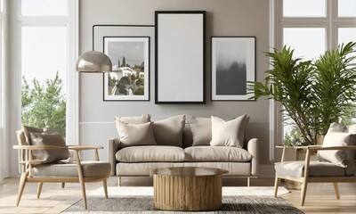 Frame layout, poster mockup on the living room wall, interior mockup with house background, modern interior design
