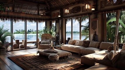 Micronesian living room. Federated-States-of-Micronesia. Luxurious tropical living room with a panoramic view of the lake and plush seating areas under a high thatched roof. 