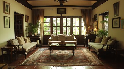 Philippine living room. Philippines. Elegant living room interior with classic furniture and natural light filtering through large windows 