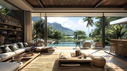 Fototapeta premium Seychellois living room. Seychelles. A luxurious open-concept living room with a panoramic view of a tropical landscape merges indoor comfort with outdoor serenity. 