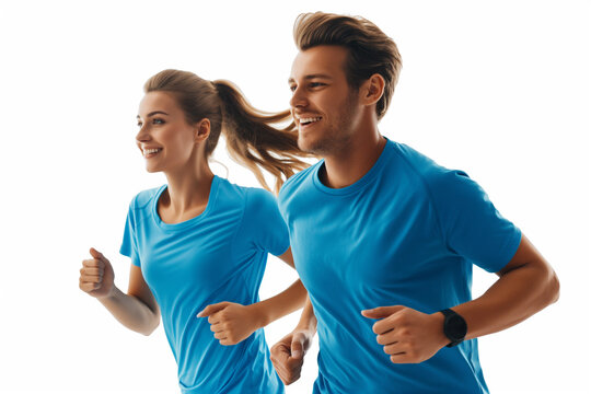 Full length shot of a young man and woman in sportswear running together isolated on white background