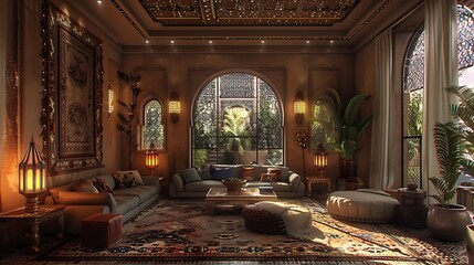 Obraz premium Sudanese living room. Sudan. Luxurious oriental-style living room with intricate design details and warm lighting evoking an inviting atmosphere.