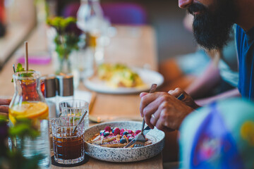 A delightful collection showcasing desserts, Asian cuisine, breakfast and brunch dishes, and coffee. Enjoy the visual feast of gourmet sweets, exotic Asian flavors, hearty breakfast plates, and artisa