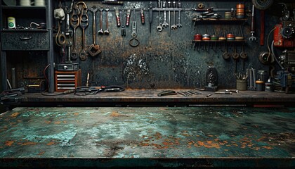 Rustic Workshop with Vintage Tools and Weathered Workbench in Industrial Setting