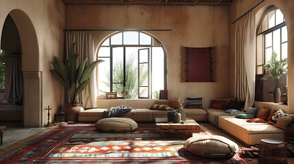 Tunisian living room. Tunisia. Cozy bohemian style living room with warm sunlight and colorful decor accents. 