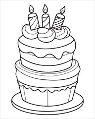 Birthday Cake Vector for coloring book, Birthday Cake Coloring Pages, cake illustration