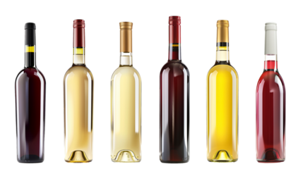 A Symphony of Wine: Six Bottles of Red, White, and Rosé, Isolated on a White Background