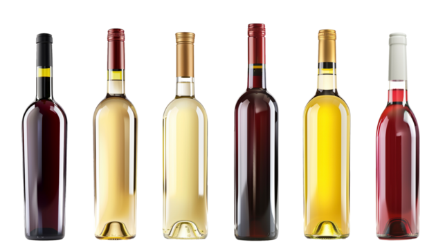 A Symphony of Wine: Six Bottles of Red, White, and Rosé, Isolated on a White Background