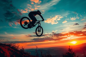 Obraz premium extreme sports athlete mid-air on a mountain bike, depicting the adventure and challenge of the sport with a stunning sunset backdrop