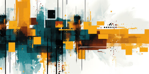bright grunge background with a chaotic mix of geometric shapes in a grid pattern with splashes of color