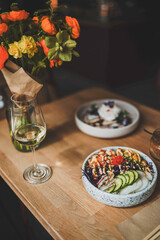 A delightful collection showcasing desserts, Asian cuisine, breakfast and brunch dishes, and coffee. Enjoy the visual feast of gourmet sweets, exotic Asian flavors, hearty breakfast plates, and artisa