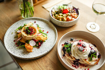 A delightful collection showcasing desserts, Asian cuisine, breakfast and brunch dishes, and coffee. Enjoy the visual feast of gourmet sweets, exotic Asian flavors, hearty breakfast plates, and artisa