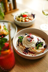 A delightful collection showcasing desserts, Asian cuisine, breakfast and brunch dishes, and coffee. Enjoy the visual feast of gourmet sweets, exotic Asian flavors, hearty breakfast plates, and artisa