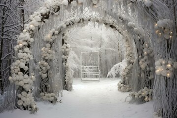 Magical scene of a white archway and bench in a serene, snow-covered woodland