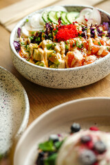 A delightful collection showcasing desserts, Asian cuisine, breakfast and brunch dishes, and coffee. Enjoy the visual feast of gourmet sweets, exotic Asian flavors, hearty breakfast plates, and artisa