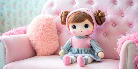 Fototapeta premium A small cute doll sitting on a pink background with flowers , a , cute wallpaper, girl wallpaper, textile, wallpaper, 5D, a small cute doll sitting on a pink background