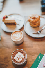 A delightful collection showcasing desserts, Asian cuisine, breakfast and brunch dishes, and coffee. Enjoy the visual feast of gourmet sweets, exotic Asian flavors, hearty breakfast plates, and artisa