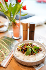 A delightful collection showcasing desserts, Asian cuisine, breakfast and brunch dishes, and coffee. Enjoy the visual feast of gourmet sweets, exotic Asian flavors, hearty breakfast plates, and artisa