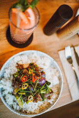 A delightful collection showcasing desserts, Asian cuisine, breakfast and brunch dishes, and coffee. Enjoy the visual feast of gourmet sweets, exotic Asian flavors, hearty breakfast plates, and artisa