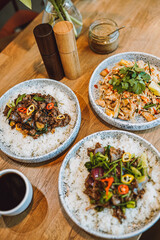 A delightful collection showcasing desserts, Asian cuisine, breakfast and brunch dishes, and coffee. Enjoy the visual feast of gourmet sweets, exotic Asian flavors, hearty breakfast plates, and artisa