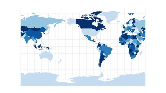 World map in cylindrical stereographic projection. Loopable rotating map of the world. Superb footage.