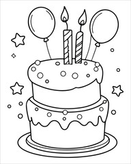 Birthday Cake Vector for coloring book, Birthday Cake Coloring Pages, cake illustration