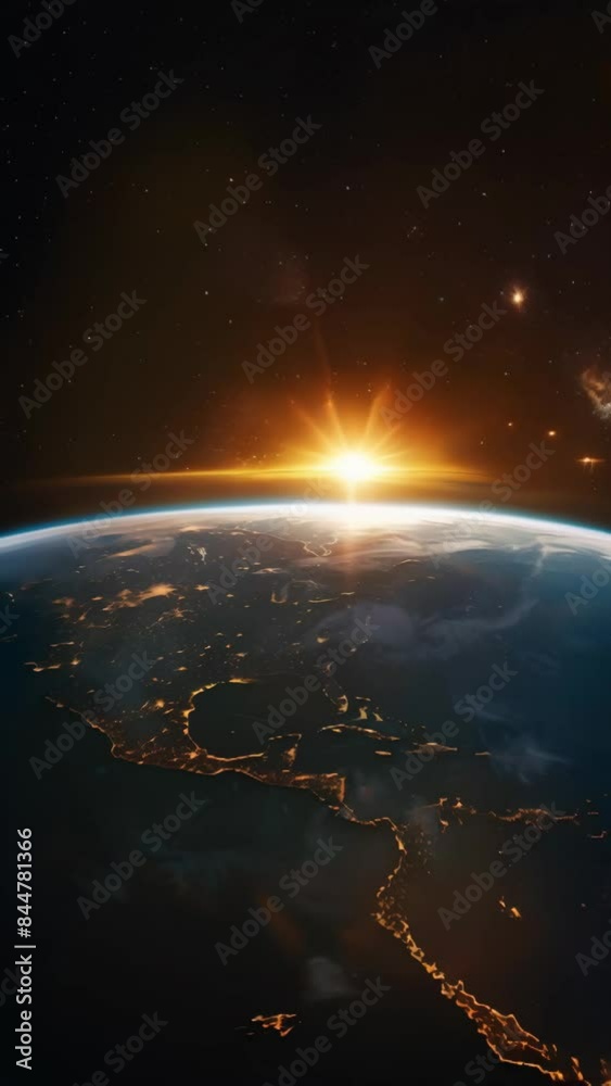Poster sunrise over earth from space with illuminated cities and stars. high-resolution digital artwork. as